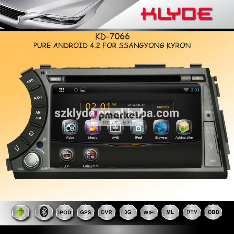 Kyron車のdvdアンドロイド車のオート4.2rdsオーディオdvdナビゲーションシステム、 電話帳、 auxin、 gps、 wifi、 3g、 建て- 無線lanドングル問屋・仕入れ・卸・卸売り