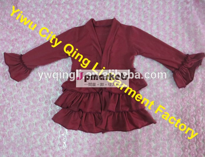 ブティックの子供マスタードパイ赤ちゃんの女の子の秋の服卸売ワイン赤長袖ボタン付きフリルニット綿のカーディガン問屋・仕入れ・卸・卸売り
