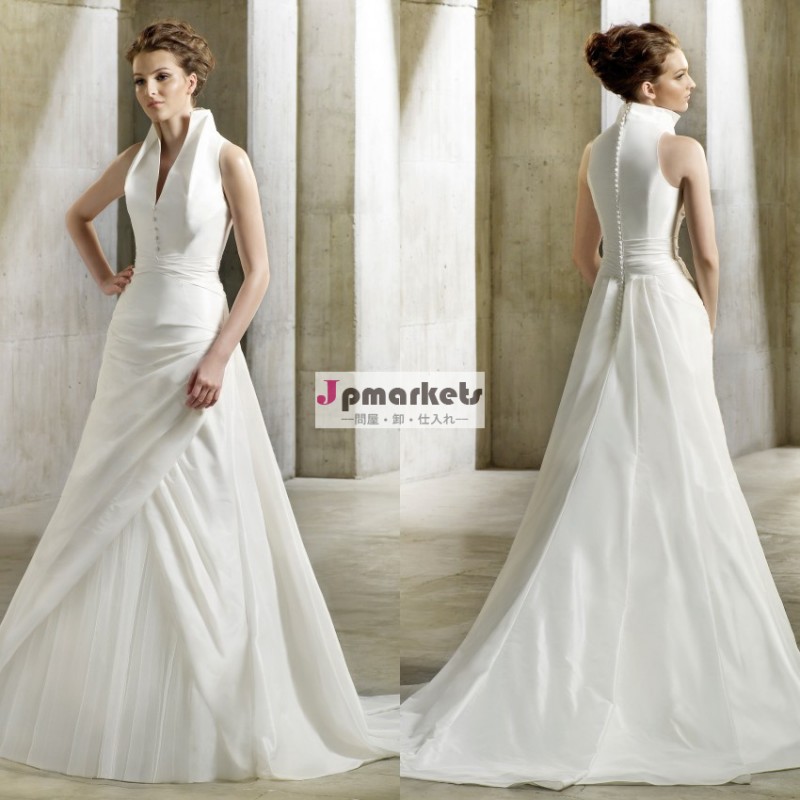 美しいホルターネックキャップスリーブライン純白のタフタのウェディングドレス2014問屋・仕入れ・卸・卸売り