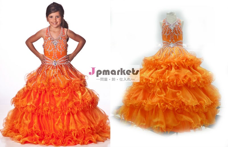床長さのフラワーガールのドレスオレンジパーティードレス女の子のページェントuf-1099fストーンつきワンピース問屋・仕入れ・卸・卸売り