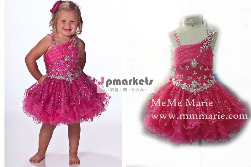 オーガンザガールの服のフクシアはカップケーキのページェントドレス片方の肩uf-1094女の子のページェントドレス問屋・仕入れ・卸・卸売り