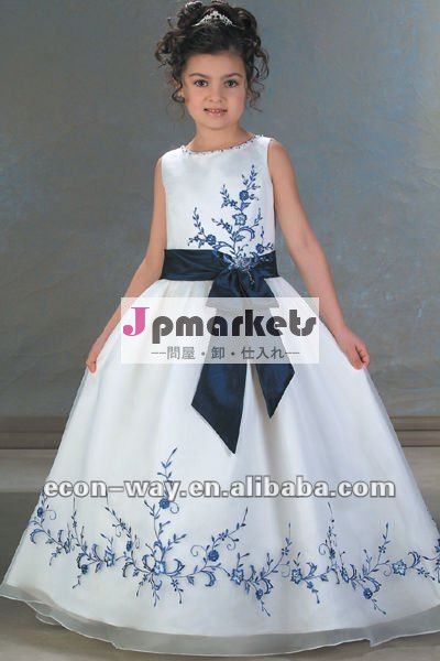2012新しい玉を付けられる白い濃紺の刺繍のフラワー・ガールの服はオーガンザのAラインによって着く問屋・仕入れ・卸・卸売り