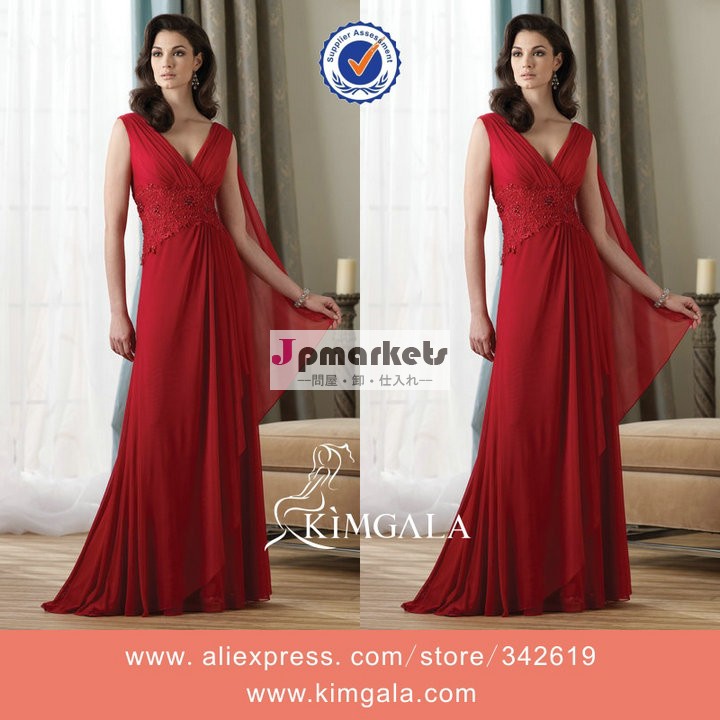 V- ネック新しい赤のアップリケシフォン母花嫁のドレスのリボン付き問屋・仕入れ・卸・卸売り