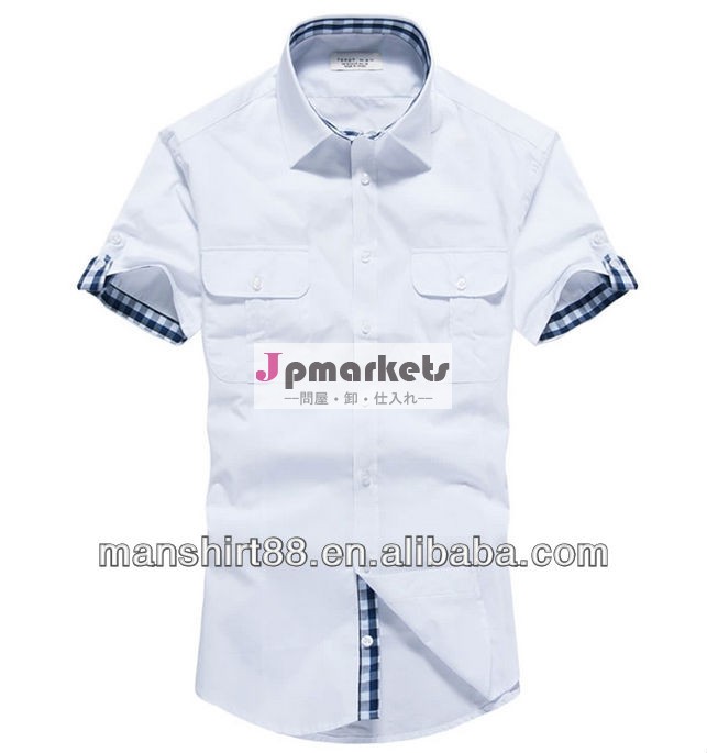 2014 new style 100% organic cotton pure white two pockets roll up short sleeve mens shirts問屋・仕入れ・卸・卸売り