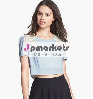 卸売アップリケ女性トップファッションレディーストップス最新のデザイン、 トップファッションカスタム綿花の収穫問屋・仕入れ・卸・卸売り