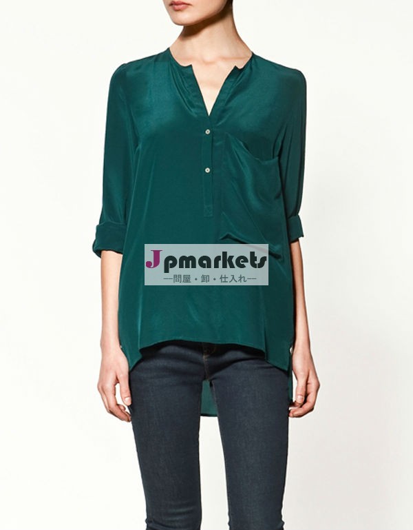 Hot Sell Casual Pure Color Women Chiffon Blouse V-Neck Single Pocket Fold Sleeve Chiffon Long Sleeve Women Shirt Tops問屋・仕入れ・卸・卸売り