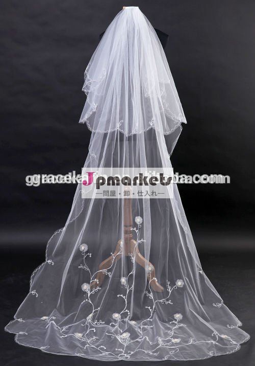 高品質の生地2014年優雅なチュールロングイスラム教徒との結婚式のベールの花accessoriesedgecl2647ブライダルベール問屋・仕入れ・卸・卸売り