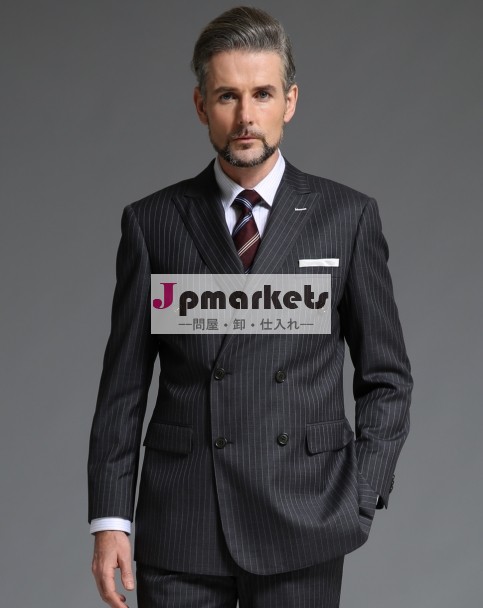 100％の胸のボタンピークラペルウールダブルダークグレーストライプスーツの男性のビジネススーツ問屋・仕入れ・卸・卸売り