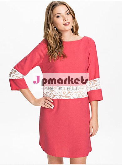 新しいスタイルピンク2014年3/4スリーブレースインサートクレープシフトパッチワークの女性のドレス問屋・仕入れ・卸・卸売り