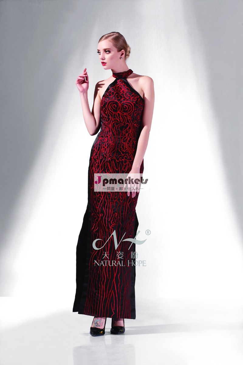 2014エレガントな刺繍が施され赤と黒の中国風のイブニングドレス問屋・仕入れ・卸・卸売り