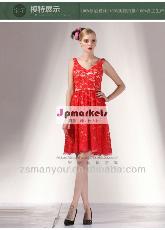 2014赤のレースの刺繍ノースリーブイブニングドレス短いパラグラフ問屋・仕入れ・卸・卸売り