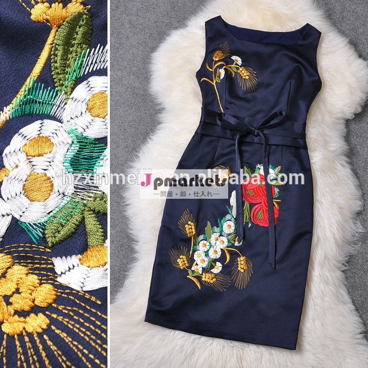 ネイビーブルー刺繍ニットビーニvestidosノースリーブベルト長さのカクテルドレス問屋・仕入れ・卸・卸売り
