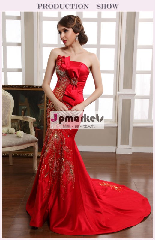2014中国風小さな尾 との長い赤のイブニングドレスウェディングパーティー問屋・仕入れ・卸・卸売り