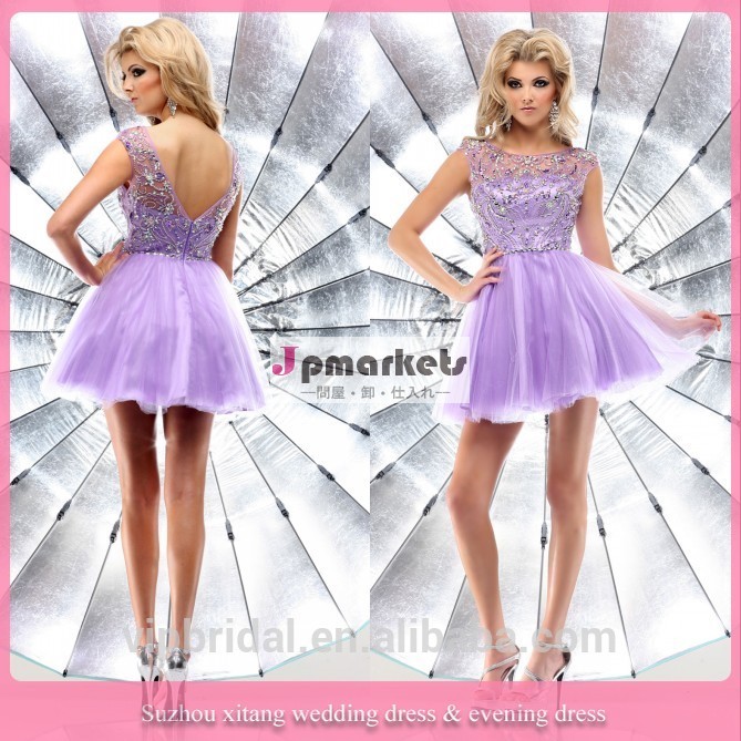 L1194 New Elegant High Neckline Organza Beaded Purple Cocktail Dress for Children問屋・仕入れ・卸・卸売り