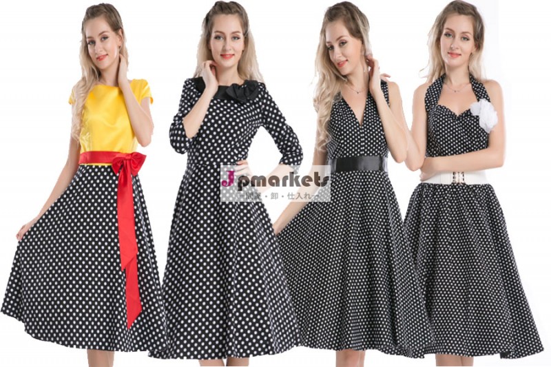 パーティーのイブニングドレスピンナップwalsonbestdress50年代ロカビリードレス白い点と黒い問屋・仕入れ・卸・卸売り