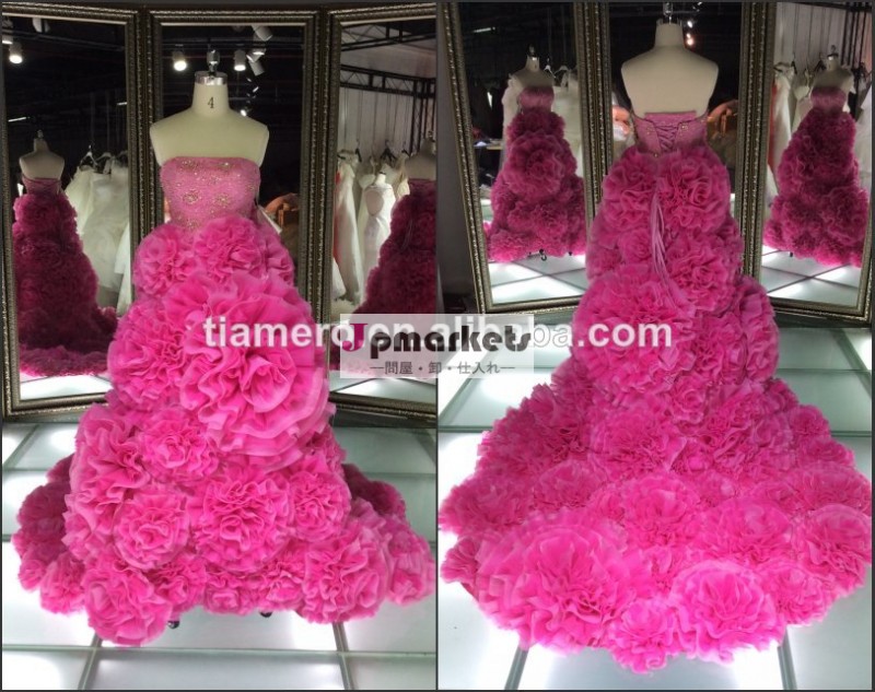 実試料最新ローズレッド色の美しい花の正式なイブニングガウン/promのイブニングドレスストラップレスの長い列車問屋・仕入れ・卸・卸売り
