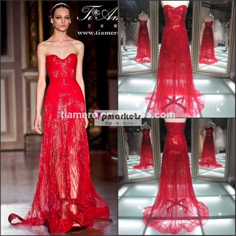 Real sample red sequin sweetheart zuhair murad evening gown from dubai/ strapless see through sexy evening dress問屋・仕入れ・卸・卸売り