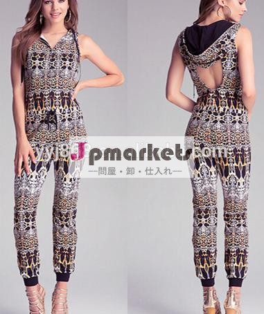 ファッションデザインパーカーonesiekeyholdジャンプスーツフルトップバックカットアウト、 わずかに縛らcinchedウエスト、 足首とsmocked問屋・仕入れ・卸・卸売り