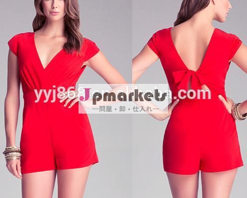 深い背中カット、 隠されたジッパーとサイドスリットポケット、 弓、 高- ウエストデザインスタイリング女性ロンパース問屋・仕入れ・卸・卸売り