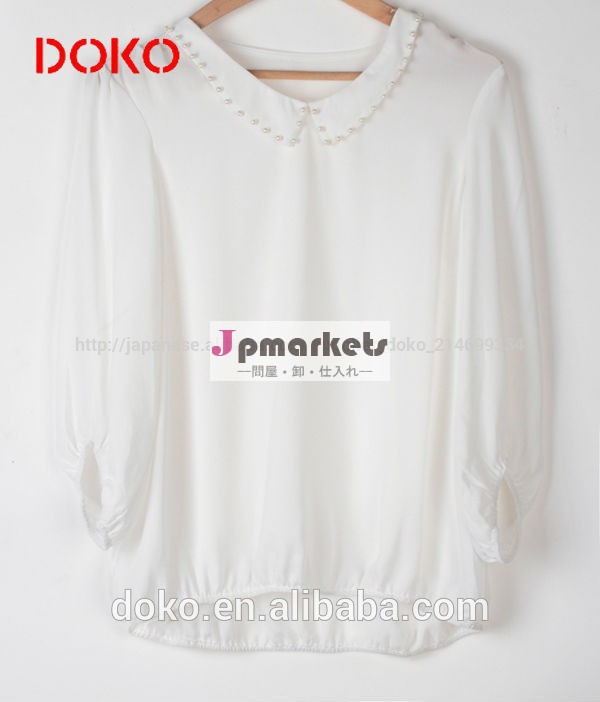 ファッションシフォンホワイトフラット2014年ネックロングスリーブシフォンブラウス問屋・仕入れ・卸・卸売り