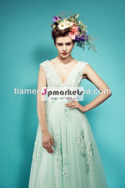 ディープv- 首の最新のイブニングドレスのパターン2014年/長いイブニングガウン緑design/妊娠中花嫁衣装/実像広州問屋・仕入れ・卸・卸売り
