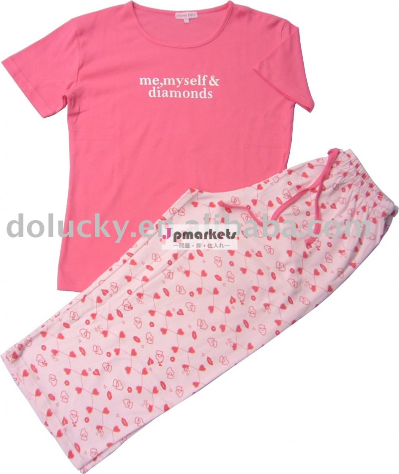 印刷された美しいピンク2枚レディース綿のパジャマセット問屋・仕入れ・卸・卸売り