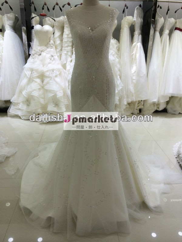 最新のセクシーな透明なバックオープンフィッシュテールsequince葉形サイドジッパーを隠す2014年のウェディングドレスの花嫁の服問屋・仕入れ・卸・卸売り