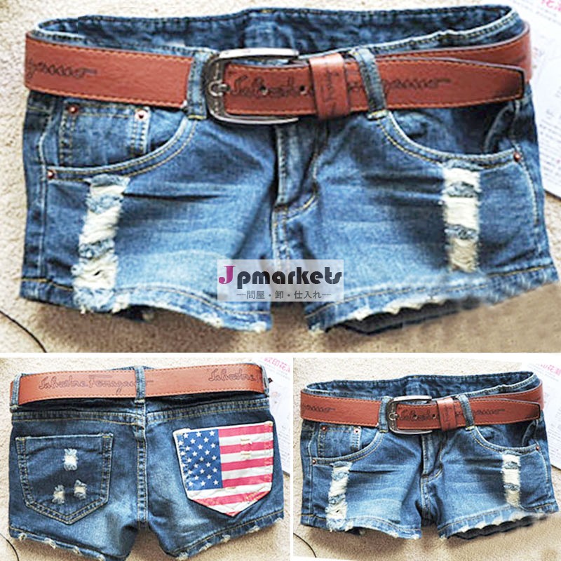 女性のクール苦しめられた米国旗のデニムウォッシュローウエスト短いホットパンツパンツのジーンズのズボン問屋・仕入れ・卸・卸売り