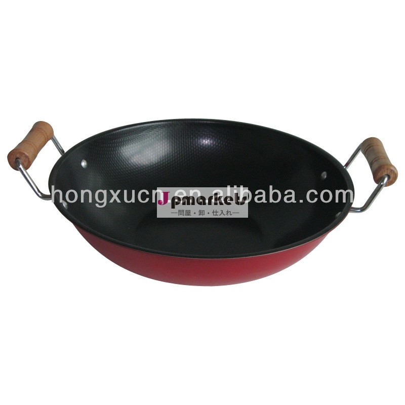 炭素鋼赤非- スティックコーティング中華鍋ミニ耳た2つの木製の中華鍋の調理器具問屋・仕入れ・卸・卸売り