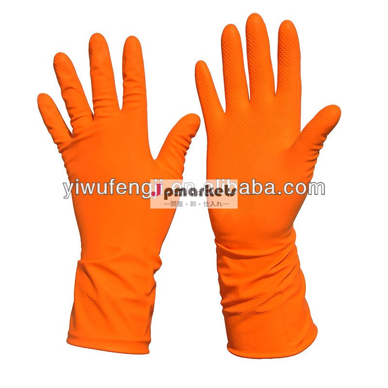 オレンジ色のラテックス家庭用手袋/フロック裏地家庭用手袋/高品質ラテックス家庭用手袋問屋・仕入れ・卸・卸売り