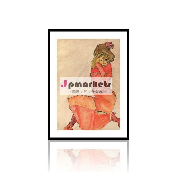 オレンジ色の赤でひざまずく女性衣装の絵/赤い服を着た女性painting/現代女性の絵問屋・仕入れ・卸・卸売り
