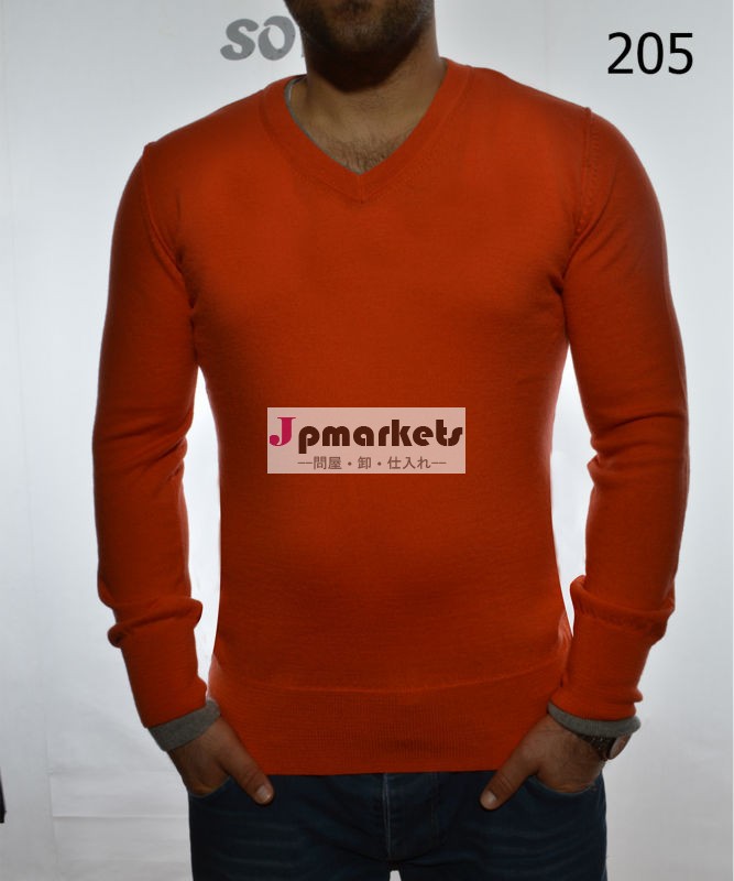 男性用のv字ネックファインメリノウールオレンジ色のニットのセーター問屋・仕入れ・卸・卸売り