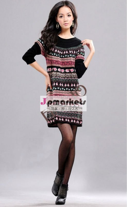 ファッション韓国女性の優雅な長いロングドレス袖花fj-6429セーターニットウェア問屋・仕入れ・卸・卸売り