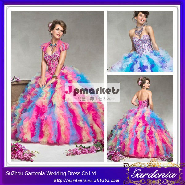 ブランド名カラフルな床長さの夜会服オーガンザフリルquinceaneraのドレス2014年2トーン( zx253)問屋・仕入れ・卸・卸売り