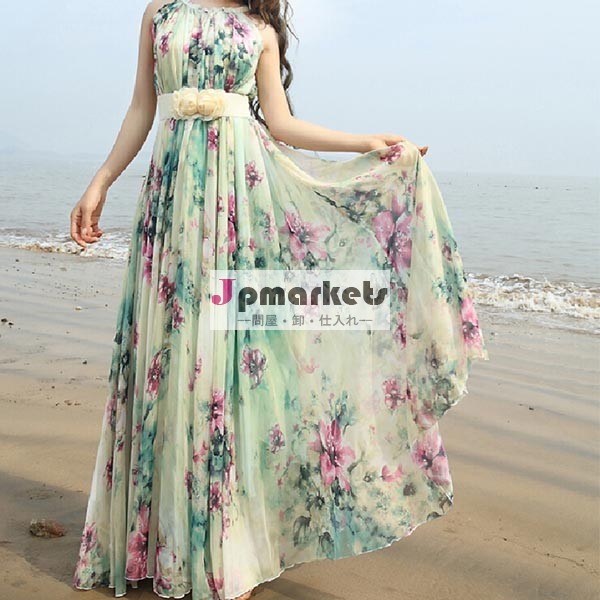 oem中国卸売2014年サプライヤー新花の女性の服のファッション緑色ロングシフォンマキシドレス問屋・仕入れ・卸・卸売り