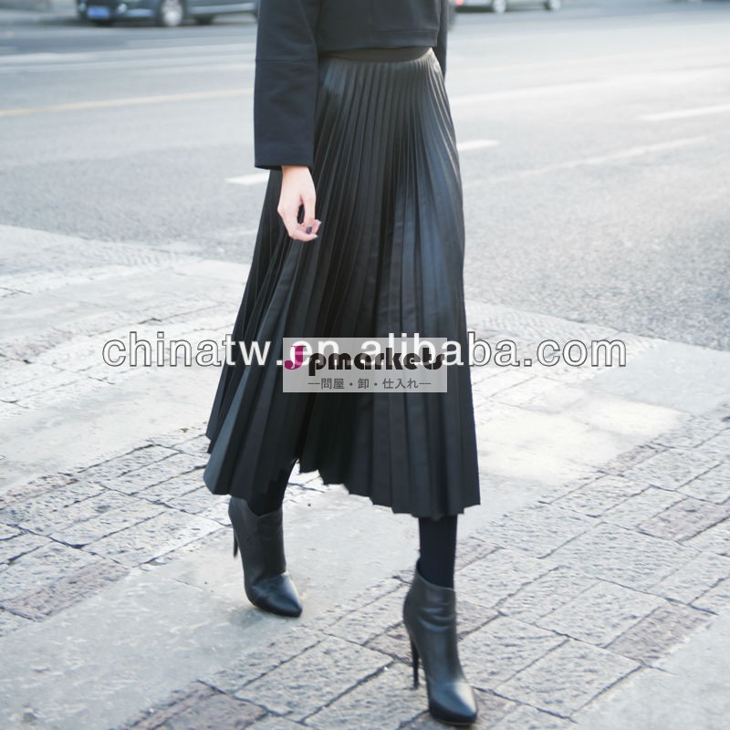 簡単なヨーロッパスタイルzd09056新しい到着の女性の長い革のスカート黒プリーツ/2分の1長いスカート問屋・仕入れ・卸・卸売り