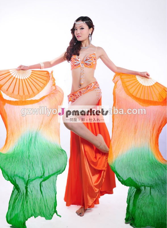 100％の中国の絹のベリーダンスファンのベール、 オレンジ- 緑、 180cm、 本当の絹ファンベリーダンス問屋・仕入れ・卸・卸売り
