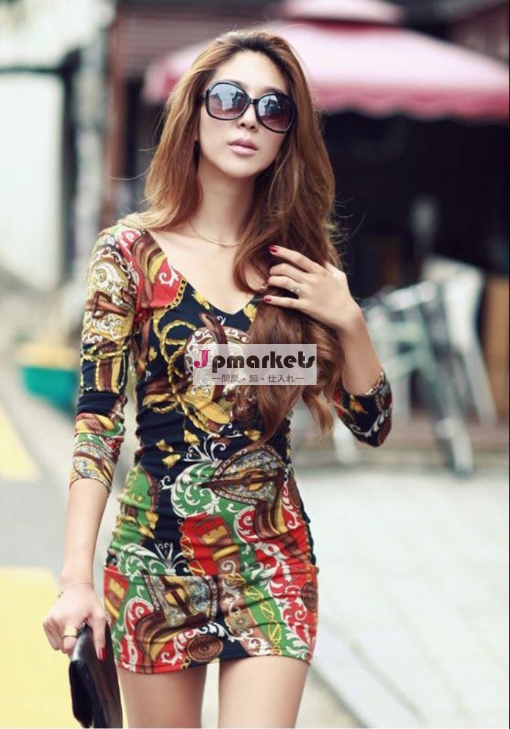 女性のセクシーなミニドレス長い袖の花のプリントチュニックトップスv- ネック韓国シースピース- 1g0348は、 ドレスを印刷した問屋・仕入れ・卸・卸売り