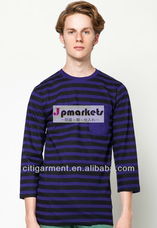 紫色の長い袖ストライプティーを持つ紫色の左胸のポケット問屋・仕入れ・卸・卸売り