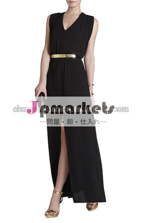シルクのカクテル2014年熱い販売のセクシーなv- ネックノースリーブドレープウエスト- タイのマキシのイブニングドレス問屋・仕入れ・卸・卸売り