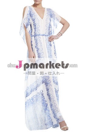 優雅な夏の熱い販売プリント2014年セクシーなv- 首のドレスカジュアルなシルクの流れ問屋・仕入れ・卸・卸売り