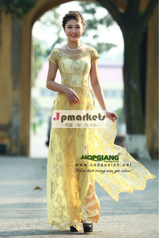 黄色伝統結婚式アオザイベトナム2014年ブライダル用問屋・仕入れ・卸・卸売り