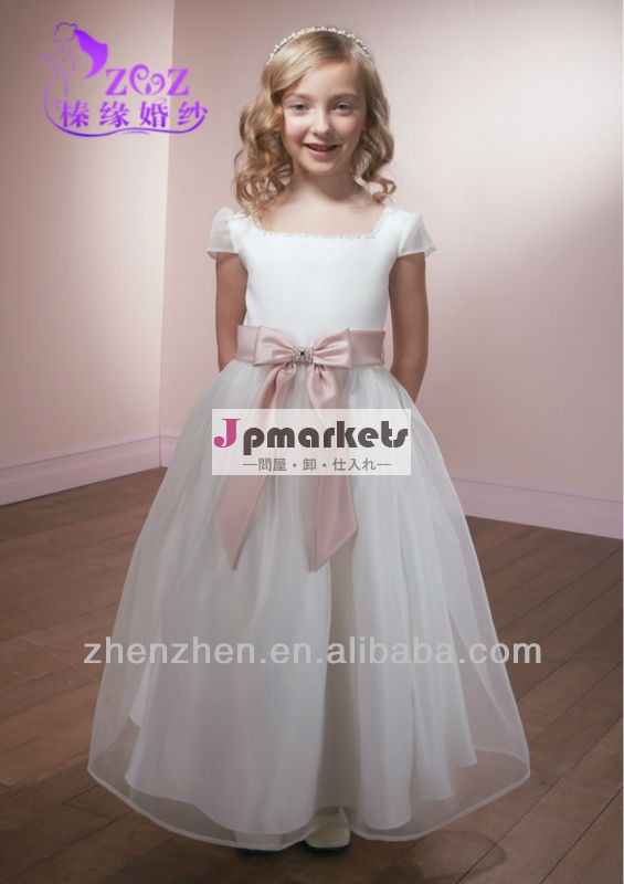 新しい到着のファッションgf-004高品質白キャップスリーブオーガンザ紫の花の女の子のドレス男の子のためのドレス問屋・仕入れ・卸・卸売り