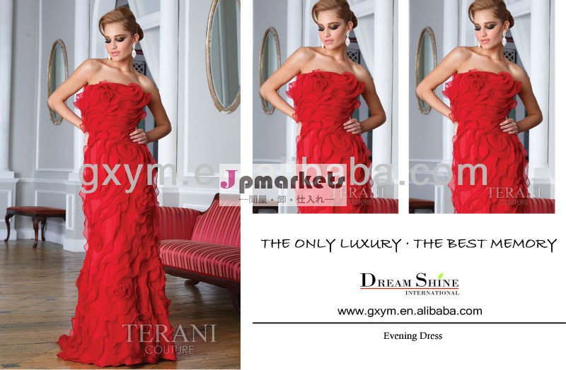 華やかなストラップレスの完全なシャーリングフラワーred0007a- ラインシフォン赤いイブニングドレス問屋・仕入れ・卸・卸売り