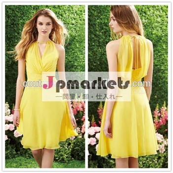 卸売安いフリーoネックオープンバックの包帯ドレス短い黄色のシフォンフリルのボトムのライン花嫁介添人ドレス2014年br-035問屋・仕入れ・卸・卸売り