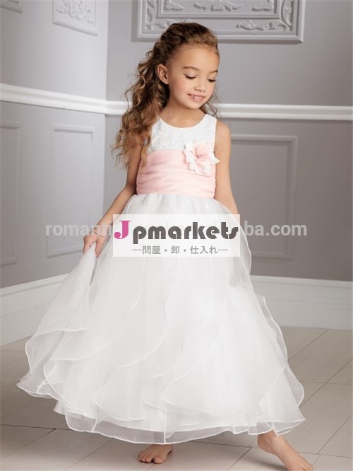 A- ライン王女スクープ茶長さの白いオーガンザの結婚式のフラワーガールの服にピンクのサッシ問屋・仕入れ・卸・卸売り