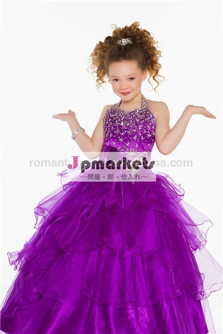 美しい王女ボール紫色のオーガンザフリルホルター女の子のページェント子供の社交ダンスのドレス問屋・仕入れ・卸・卸売り