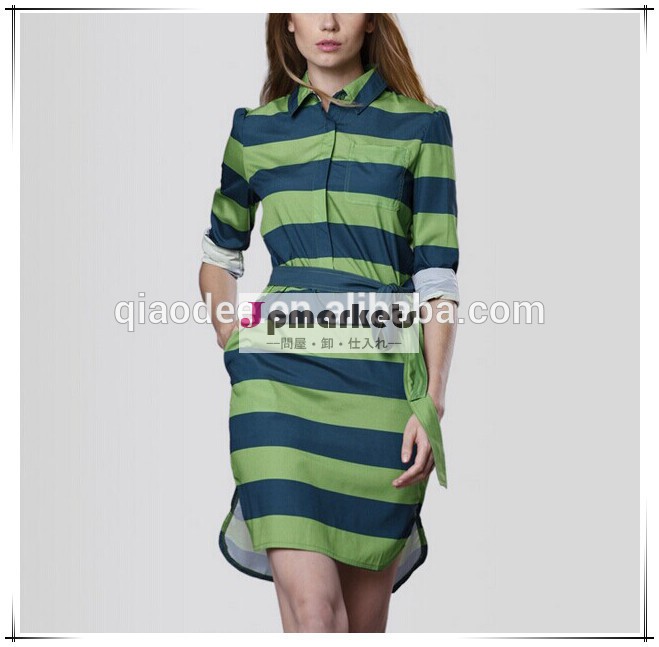 女性古典的な緑色のイングランドウェアブランドストリークプリントチュニックは真似絹プラスサイズドレスシャツのパターン問屋・仕入れ・卸・卸売り