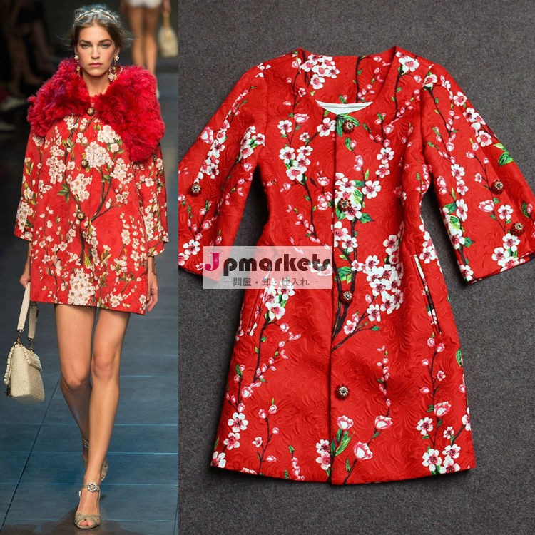 キャットウォークモデルのコート半分2014年フレアスリーブ桃の花印刷された女性のコート問屋・仕入れ・卸・卸売り