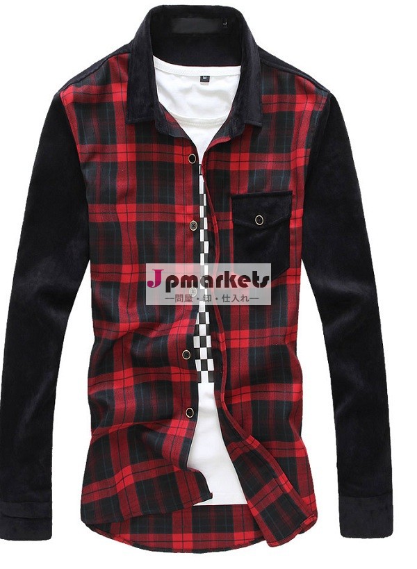 卸売2015メンズファッションロングスリーブ赤黒スリーブ付きシャツをチェック問屋・仕入れ・卸・卸売り